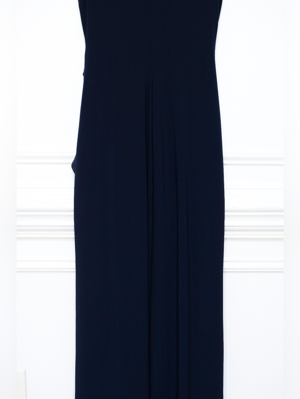 Lauren Ralph Lauren Navy Blue Ruched Evening Gown Ruffle Trim Side Slit Size 6 - Picture 10 of 14
